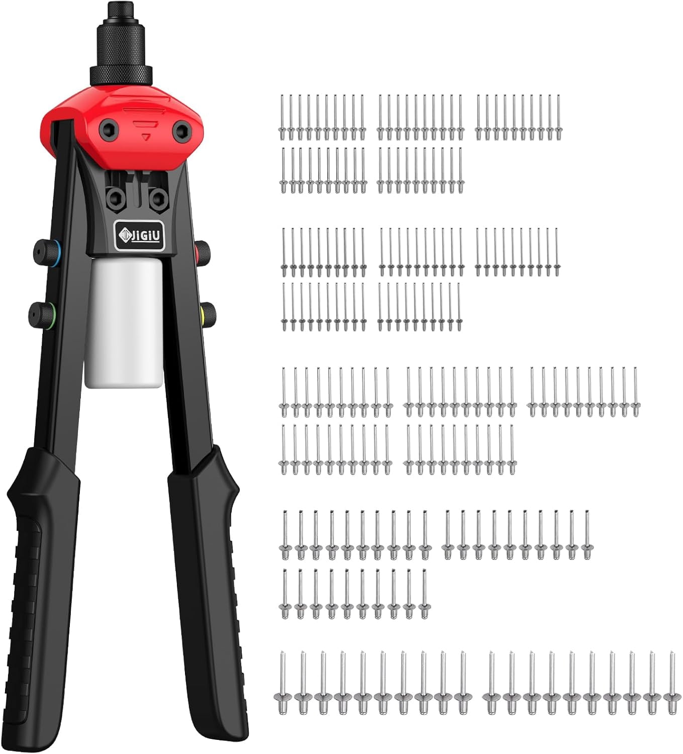 JiGiU 13.3" Heavy Duty Manual Rivet Gun - Professional Pop Rivet Tool with 5 Interchangeable Nozzles (2.4mm/3.2mm/4.0mm/4.8mm/6.4mm) & 200 Rivets for Metal Furniture, Car, Trailer