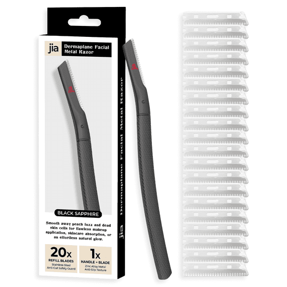 Jia Dermaplane Facial Metal Razor in Black Sapphire | Includes 20 Extra Blades