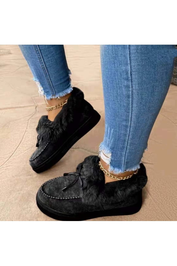 Jia Store Cozy Women's Slip-On Snow Boots with Faux Fur & Bow, Fashion Flat Sole Non-Skid Winter Shoes, Perfect for Cold Weather