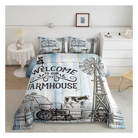 Jia ma sha Rustic Farmhouse Kids Comforter Set Full Size,Old Wooden Door Cottage Bedding Set,Girls Boys Adults Room Decor,Cow Chicken Tractor Down Comforter,Blue Vintage Duvet Insert,2 Pillowcases