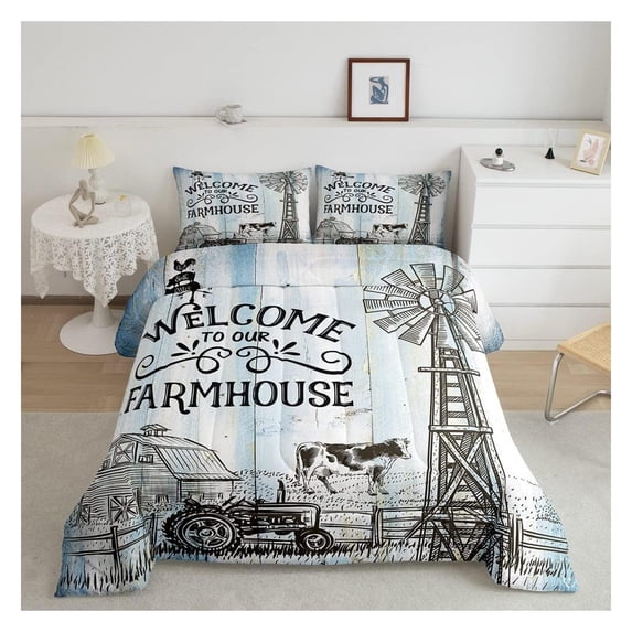 Jia ma sha Rustic Farmhouse Kids Comforter Set King Size,Old Wooden Door Cottage Bedding Set,Girls Boys Adults Room Decor,Cow Chicken Tractor Down Comforter,Blue Vintage Duvet Insert,2 Pillowcases