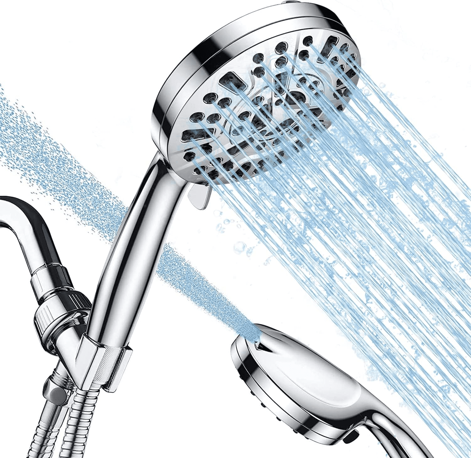 JiaSifu Shower Head, 10-Mode Handheld Shower Head, High Pressure Shower Heads with 59 inch Stainless Steel Hose and Adjustable Brass Bracket, All Chrome Finish