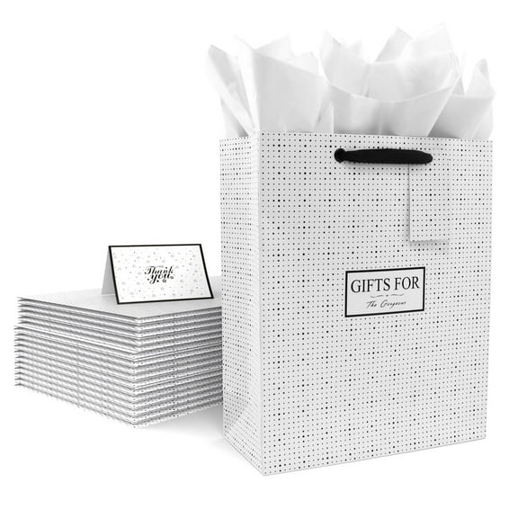 JiaWei World  15" Large Gift Bags, 6 Pack Gift Wrap Bag (Black Foil Dots) with Tissue Paper, Ribbon, Card, Blank Tag for Christmas, Wedding