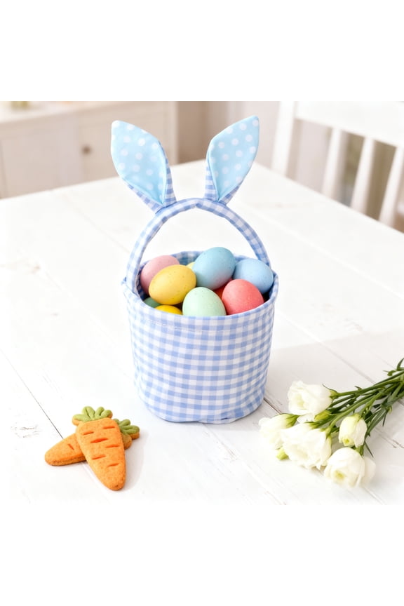 Easter Bunny Ear Basket Plaid Handbag, Cute Decorative Storage Bag for Candy Eggs Gifts, Soft Fabric Portable Tote with Reinforced Handles, Home Party Decor Spring Celebration Accessory