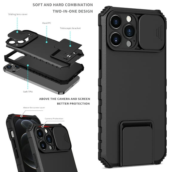 Jiahe Cover for Apple iPhone 12 Pro Max Military Grade Drop Proof Protection Rugged Protective Phone Cover with Built in Kickstand & Slide - Shockproof TPU Matte Textured Bumper,Black