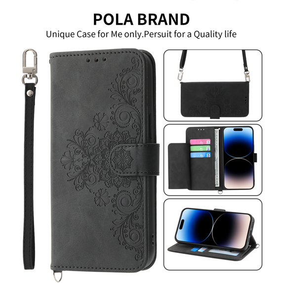 Jiahe Cover Case Compatible With iPhone 14 Pro,Magnetic Wallet Flip Cover with Card Holder Kickstand Design Crossbody Strap Embossed PU Leather Folio Cover for iPhone 14 Pro, Black
