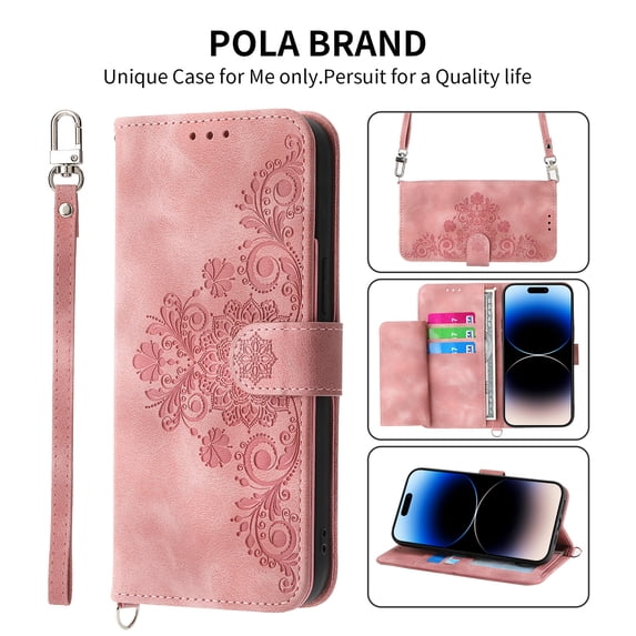 Jiahe Cover Case Compatible With iPhone 14 Pro,Magnetic Wallet Flip Cover with Card Holder Kickstand Design Crossbody Strap Embossed PU Leather Folio Cover for iPhone 14 Pro, Pink