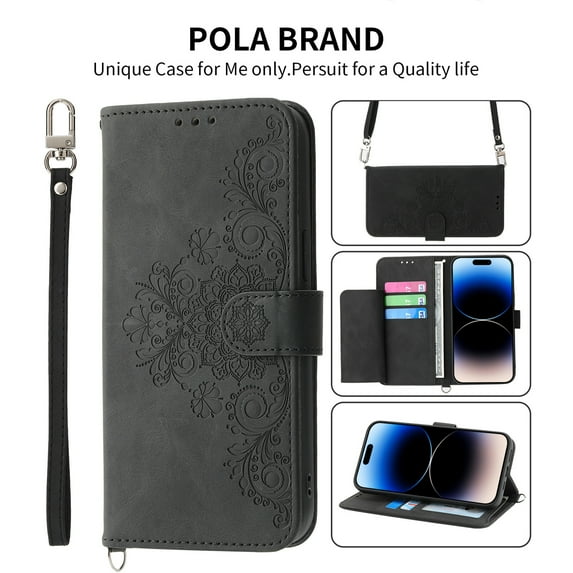 Jiahe Cover Case Compatible With iPhone 14 Pro Max,Magnetic Wallet Flip Cover with Card Holder Kickstand Design Crossbody Strap Embossed PU Leather Folio Cover for iPhone 14 Pro Max, Black