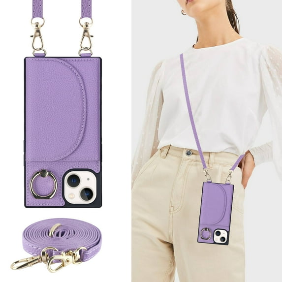 Jiahe Cover Case Design for iPhone 14 Pro, PU Leather Wallet Case With Adjustable Detachable Lanyard Crossbody Strap Ring Holder Kickstand Card Slot Shockproof Cover, Purple