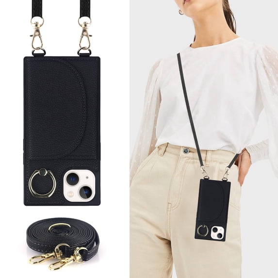 Jiahe Cover Case Design for iPhone 14 Pro, PU Leather Wallet Case With Adjustable Detachable Lanyard Crossbody Strap Ring Holder Kickstand Card Slot Shockproof Cover, Black