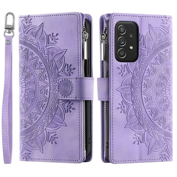 Jiahe Cover Case for Samsung Galaxy A53 5G,Embossed PU Leather Zipper Pocket Magnetic Flip Holder ID Credit Card Slots Wallet Phone Case with Crossbody Detachable Shoulder Strap, Purple