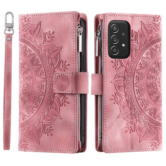 Jiahe Cover Case for Samsung Galaxy A53 5G,Embossed PU Leather Zipper Pocket Magnetic Flip Holder ID Credit Card Slots Wallet Phone Case with Crossbody Detachable Shoulder Strap, Pink