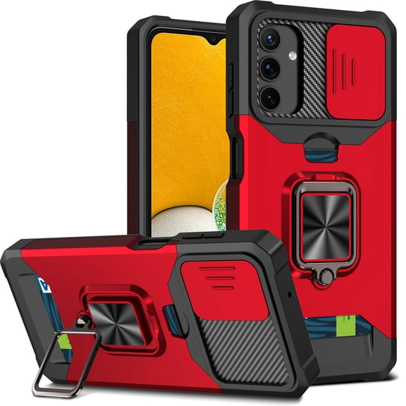 Jiahe Cover Case for Samsung Galaxy A13 5G,Shockproof Rubber Armor Card Holder Ring Stand Case Slide Camera Lens Cover Protector,Red