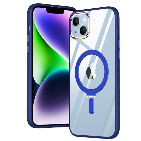 Jiahe Cover Case for iPhone 14 Plus,Shockproof Rubber Magnetic Invisible Stand Transparent PC Cover Compatible with MagSafe Case,Deep Blue