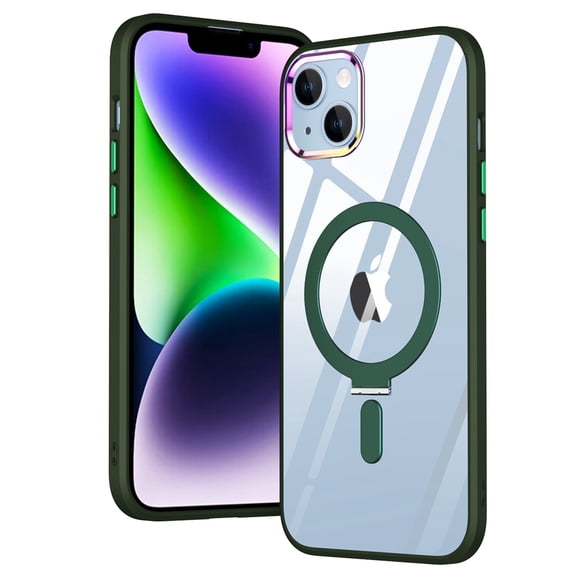 Jiahe Cover Case for iPhone 14 Plus,Shockproof Rubber Magnetic Invisible Stand Transparent PC Cover Compatible with MagSafe Case,Green