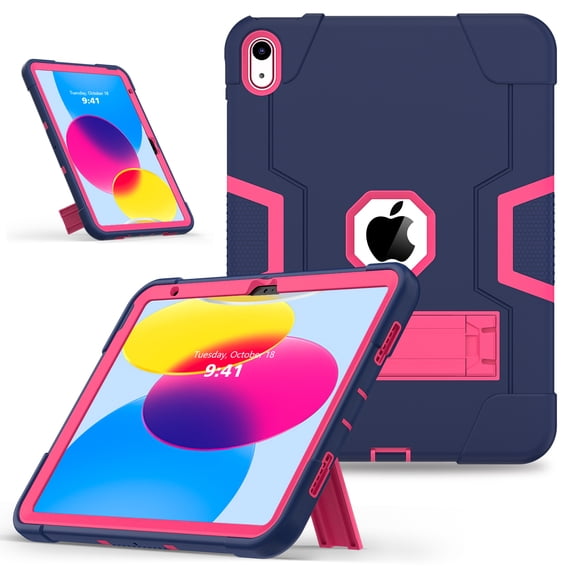 Jiahe Cover Case for iPad 10th Generation 10.9" 2022, Slim Heavy Duty Shockproof Rugged Protective Hybrid Case with Built-in Stand for 10.9" iPad 10th Gen, Navy+Rose