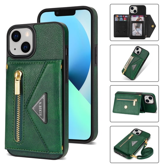 Jiahe Cover Case for iPhone 14 6.1-inch,Magnetic Wallet Removable Adjustable Shoulder Strap Crossbody Flip Leather Back Zipper Purse Case with Card Slot Holder Stand Cover,Green