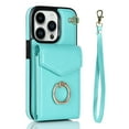 thumbnail image 1 of Jiahe Cover Case For iPhone 14 Pro 6.1 Inch Wallet Case with Card Holder, Built-in Finger Ring Holder Kickstand, RFID Blocking PU Leather Buttons Shockproof Wrist Strap Cover, Mint, 1 of 9