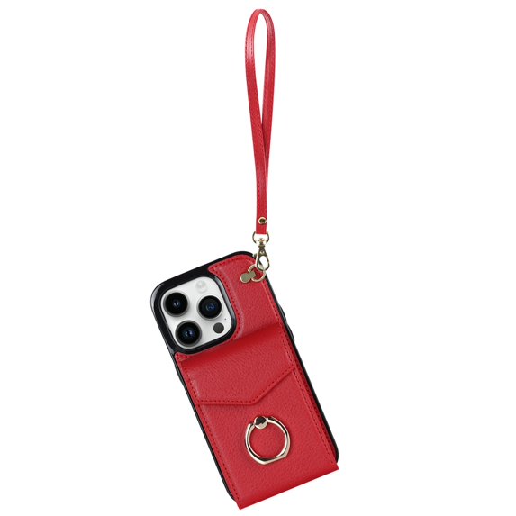 Jiahe Cover Case For iPhone 14 Pro Max 6.7 Inch Wallet Case with Card Holder, Built-in Finger Ring Holder Kickstand, RFID Blocking Leather Buttons Shockproof Wrist Strap Cover, Red