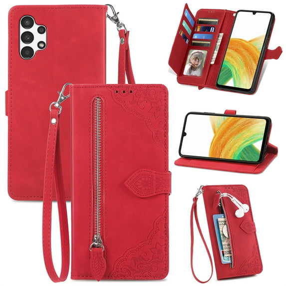 Jiahe Cover For Samsung Galaxy A13 5G Case,Premium Leather Magnetic Flip Wrist Strap Zipper Card Holder Wallet Phone Case,Red