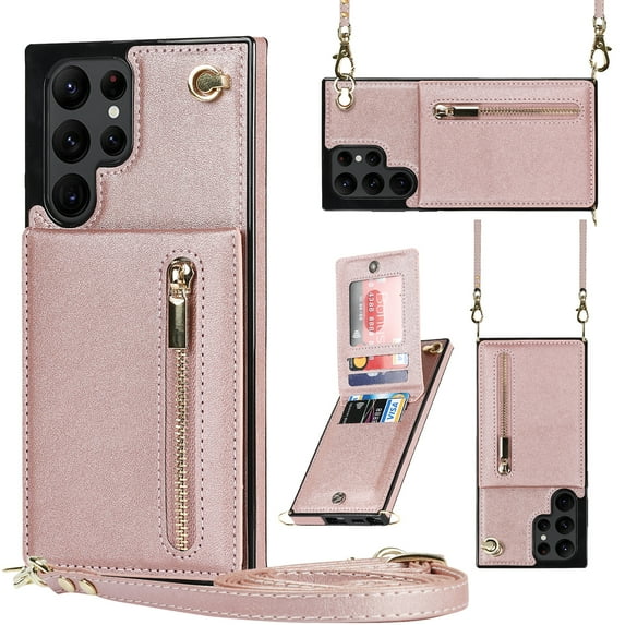 Jiahe Cover For Samsung Galaxy S22 Ultra Wallet Case,Shockproof Removable Adjustable Shoulder Strap Zipper Card Slot Kickstand Cover,Rosegold