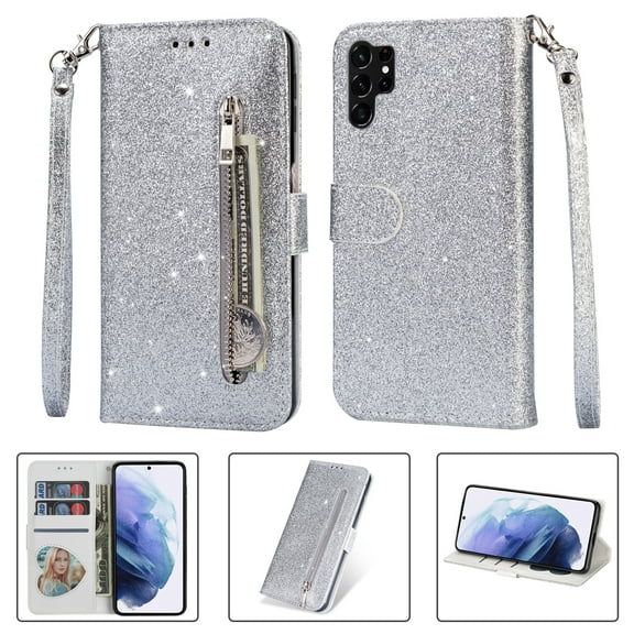 Jiahe Cover For Samsung Galaxy S23 Ultra,6.8 inch Case with Wallet Card Holder,Bling Glitter Flip Leather Magnetic Kickstand Zipper Purse with Wrist Strap Case Cover,Silver