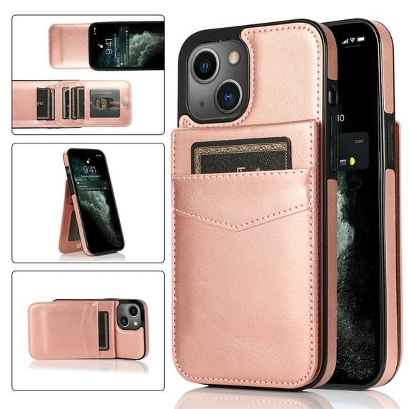 Jiahe Cover For iPhone 14 6.1 inch,Shockproof Wallet Case with Card Holder,Flip Premium Leather Kickstand Protective Cover,Rosegold
