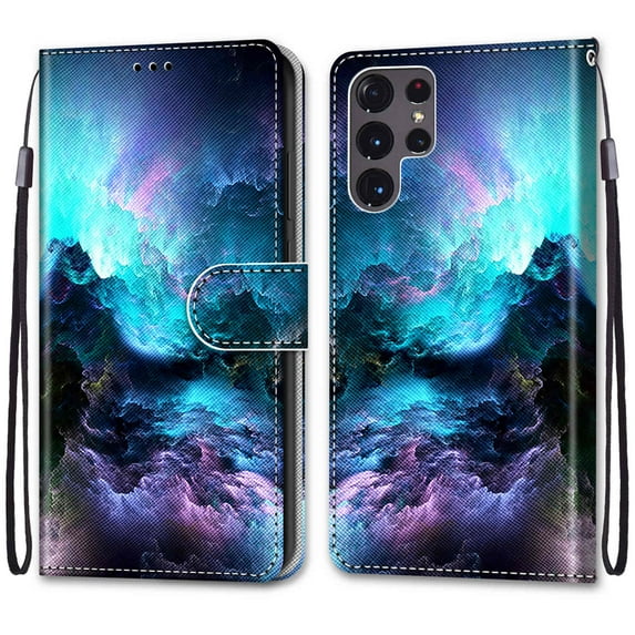 Jiahe Cover Galaxy S22 Ultra Case, Shockproof Pattern Faux Leather Folio Flip Wallet Cover with Card Slot Holder Kickstand Phone Case, Clouds