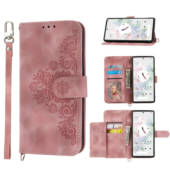 Jiahe Cover for Google Pixel 6, Wallet Case with Card Holder,Embossde Flower Flip Leather Magnetic Shockproof Card Slots Stand with Shoulder Strap Full Body Cover Case, pink