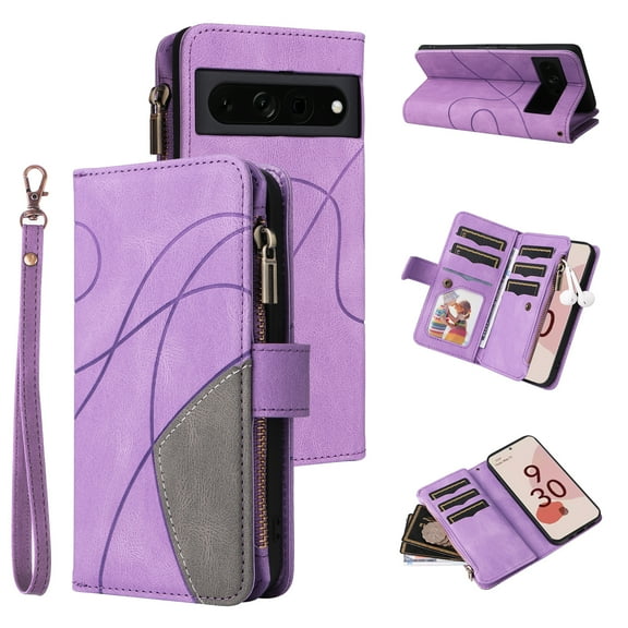 Jiahe Cover For Google Pixel 7 Pro 6.7 inch Wallet Case with Card Holder,Shockproof Flip Leather Zipper with Wrist Strap Magnetic Kickstand Case Cover,Purple
