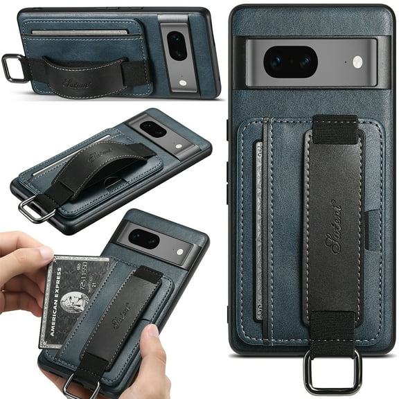 Jiahe Cover for Google Pixel 7A 6.1" 2023, Luxury Classic Retro Pattern with Hand Strap Kickstand Stylish Leather Wallet Back Card Holder Soft Slim Phone Cover Protective Case for Women & Men,Blue