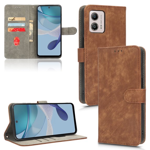 Jiahe Cover for Moto G Play 2023, Magnetic Wallet Case with Credit Card Holder,Shockproof Folio Flip Leather Card Slot Stand with Wrist Strap and RFID Blocking Cover, brown