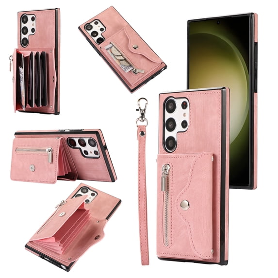 Jiahe Cover for Samsung Galaxy A13 5G, Wallet Case Crossbaody, with RFID Blocking Shockproof Zipper Purse with Card Slots Holder Adjustable Detachable Shoulder Strap Lanyard Case Cover, rosegold