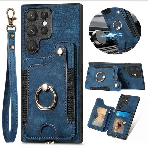 Jiahe Cover for Samsung Galaxy A32 5G, Luxury Wallet Case with Credit Card Slots，Flip Leather with Wrist Strap Shockproof Magnetic Ring Holder Stand with FEID Blocking Protective Case Cover, blue