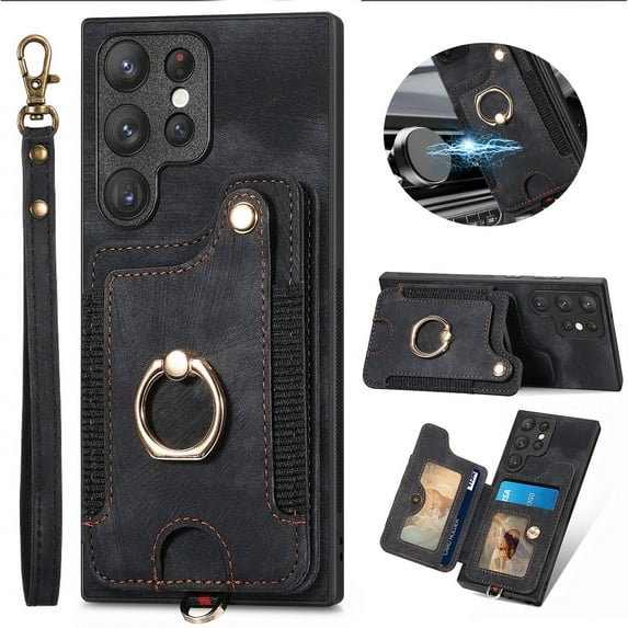 Jiahe Cover for Samsung Galaxy A32 5G, Luxury Wallet Case with Credit Card Slots,Flip Leather with Wrist Strap Shockproof Magnetic Ring Holder Stand with FEID Blocking Protective Case Cover, black