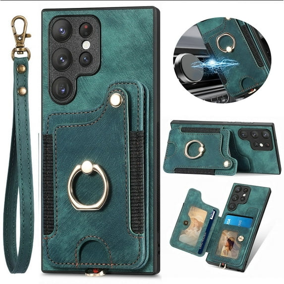 Jiahe Cover for Samsung Galaxy A32 5G, Luxury Wallet Case with Credit Card Slots,Flip Leather with Wrist Strap Shockproof Magnetic Ring Holder Stand with FEID Blocking Protective Case Cover, green