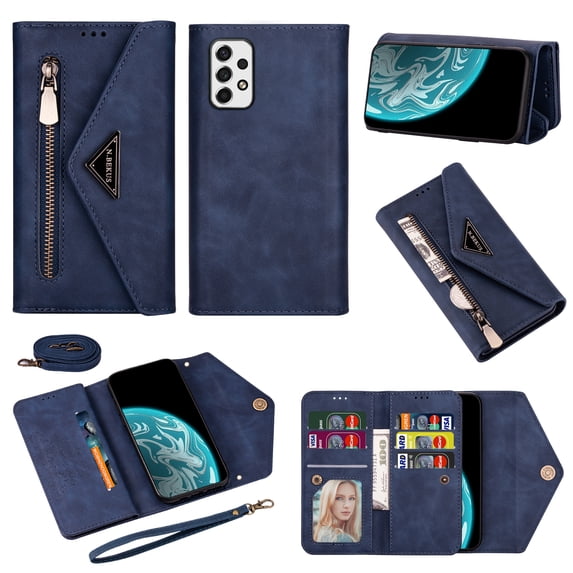 Jiahe Cover for Samsung Galaxy A33 5G Wallet Case with Card Holder, Envelope Book Design Leather Flip Protective Stand Feature Magnetic Zipper Clutch Purse with 7 Card Slots Strap for Women,Blue