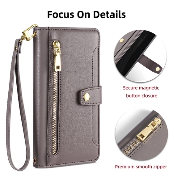 Jiahe Cover for Samsung Galaxy A52 5G, Multifunctional Wallet Case with Card Holder and Shoulder Strap,PU Leather Magnetic Closure Zipper Pocket Kickstand Wristband Flip Leather Cover, gray