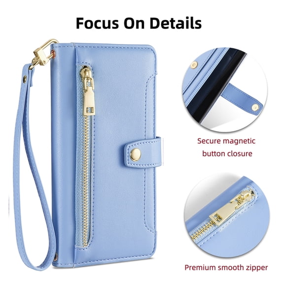 Jiahe Cover for Samsung Galaxy Note 20 Ultra, Multifunctional Wallet Case with Card Holder and Shoulder Strap,PU Leather Magnetic Closure Zipper Pocket Kickstand Wristband Flip Leather Cover, blue