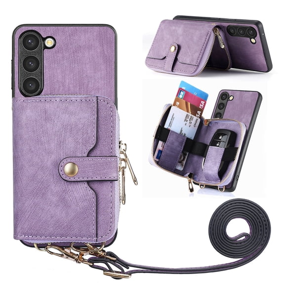 Jiahe Cover for Samsung Galaxy S20, Wallet Case with Card Holder,Shockproof PU Leather Zipper Purese Kickstand with Adjustable Detachable Shoulder Strap Case Cover, purple