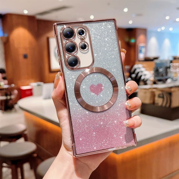 Jiahe Cover for Samsung Galaxy S21, Compatible with MagSafe Case,Slim Plating Bling Glitter Shockproof Gradient Lover Heart Pattern Transparent Case Full Camera Lens Protection Cover, pink