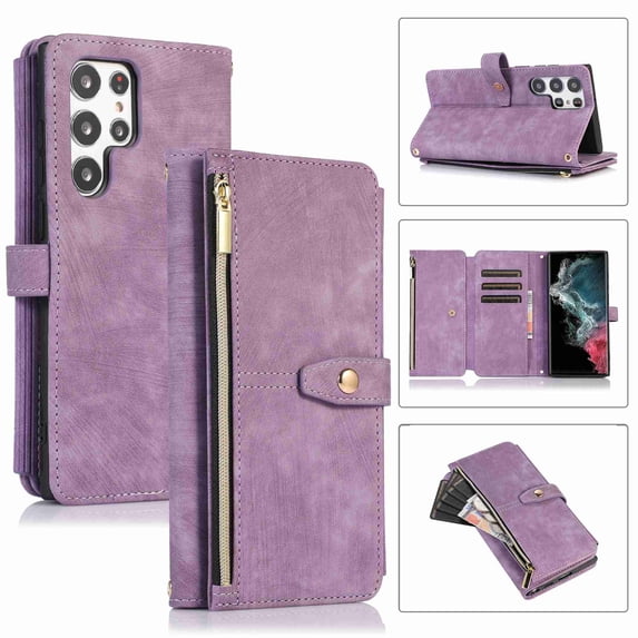 Jiahe Cover for Samsung Galaxy S21 FE, Mulit-Function Wallet Case,Flip Leather Zipper Card Holder Stand with Adjustable Shoulder Strap Full Body Protection Case Cover, purple