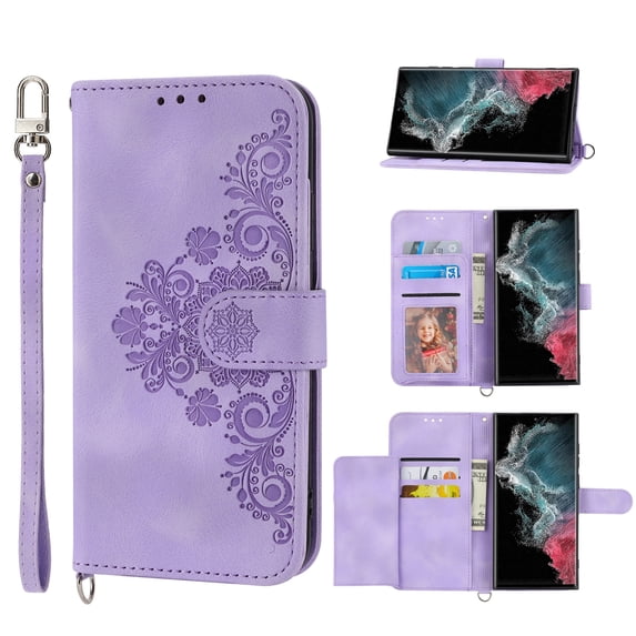 Jiahe Cover for Samsung Galaxy S21, Wallet Case with Card Holder,Embossde Flower Flip Leather Magnetic Shockproof Card Slots Stand with Shoulder Strap Full Body Cover Case, purple