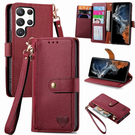 Jiahe Cover for Samsung Galaxy S22, Full Body Protection Case,with RFID Blocking Card Holder Stand Zipper Wallet Case,Detachable Wristband Strap Case Cover, red