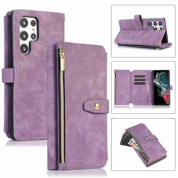 Jiahe Cover for Samsung Galaxy S22 Plus, Mulit-Function Wallet Case,Flip Leather Zipper Card Holder Stand with Adjustable Shoulder Strap Full Body Protection Case Cover, purple