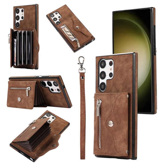 Jiahe Cover for Samsung Galaxy S22 Plus, Wallet Case Crossbaody, with RFID Blocking Shockproof Zipper Purse with Card Slots Holder Adjustable Detachable Shoulder Strap Lanyard Case Cover, brown