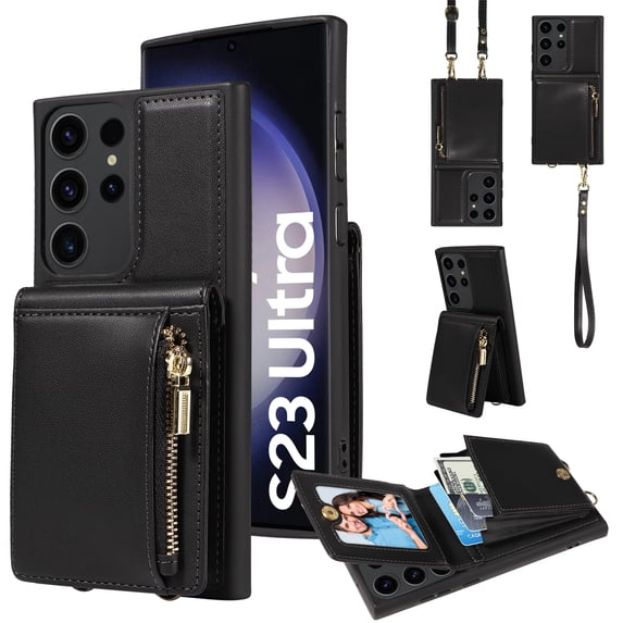 Jiahe Cover for Samsung Galaxy S22 Ultra, Zipper Wallet Case,RFID Blocking PU Leather Shockproof Kickstand Folio Case with Card Slots Holder Shoulder Strap Lanyard Case Cover, black