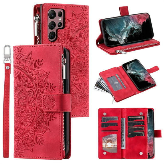 Jiahe Cover for Samsung Galaxy S22, Wallet Case with Card Holder and Crossbody Lanyard, Flip Leather Flower Pattern Magnetic Closure Zipper Pocket Case Kickstand Shockproof Cover, red