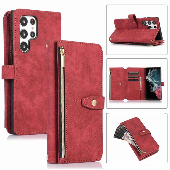 Jiahe Cover for Samsung Galaxy S23 Plus, Mulit-Function Wallet Case,Flip Leather Zipper Card Holder Stand with Adjustable Shoulder Strap Full Body Protection Case Cover, red