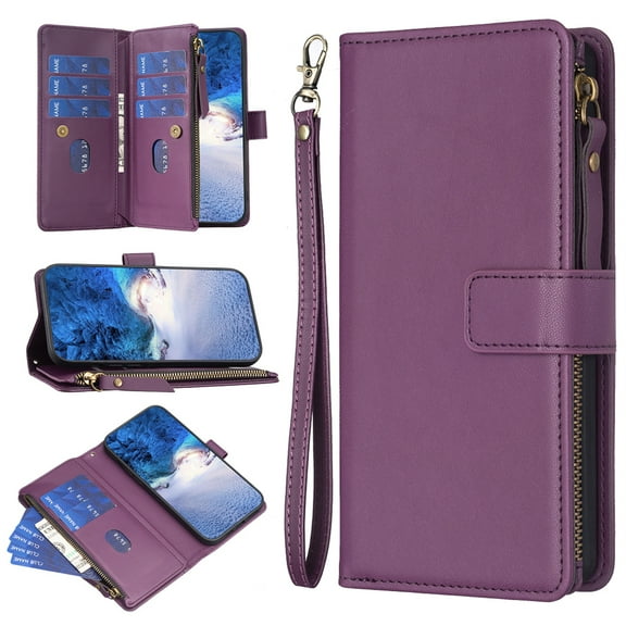 Jiahe Cover for Samsung Galaxy S23 Plus, RFID Blocking Wallet Case,Shockproof Magnetic Zipper Wallet Card Holer Stand Case,with Wristband Strap Full Body Protection Case Cover, darkpurple